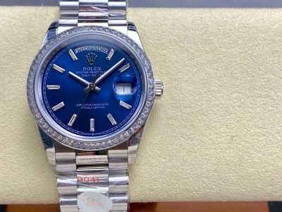 8+ Factory ROLEX Day-Date Replica with Diamond Bezel 36mm Baguette Markers Blue Dial Watch